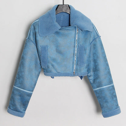 qgtao dti outfits Fashionable Short Woolen Coat 2024 Spring New Lapel Long Sleeve Zipper Women's Warm Lamb Wool Top