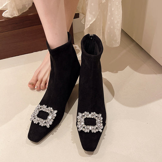 2025  Elastic thin boots women's popular winter new pointed rhinestone square buckle fashion velvet warm thin high-heeled short boots