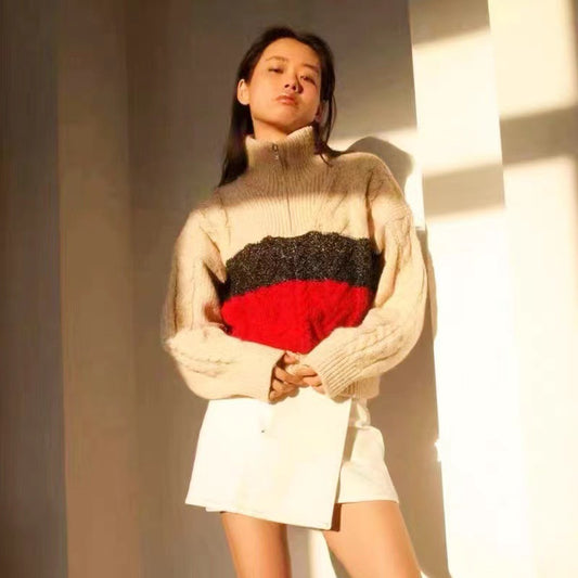 2025 Lazy wind zipper sweater 23 autumn and winter new turtleneck twisted flower knitted pullover dopamine sweater knitted top women