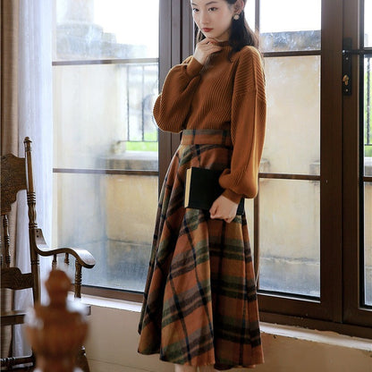 qgtao skater boy outfits Half Turtleneck Brown Lantern Long Sleeve Sweater + Plaid Woolen Skirt Suit Retro Two-Piece Set