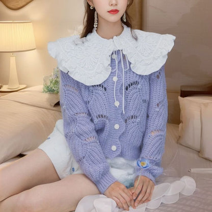 Autumn and winter short mohair sweater cardigan women's fashion design sense niche Korean version doll collar knitted coat