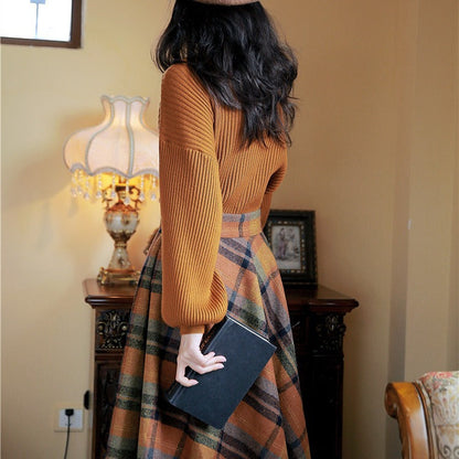 qgtao skater boy outfits Half Turtleneck Brown Lantern Long Sleeve Sweater + Plaid Woolen Skirt Suit Retro Two-Piece Set