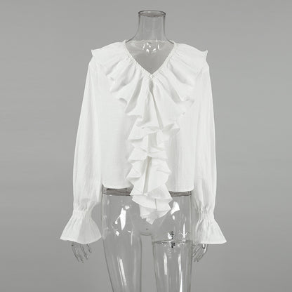 2025 popular  pure cotton lace fashionable and sexy V-neck shoulder sleeves autumn and winter retro niche ruffle edge women's shirt