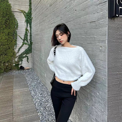 qgtao 2000s fashion Women's Plush Short Slimming Pullover Sweater, Warm and Fashionable Knitted