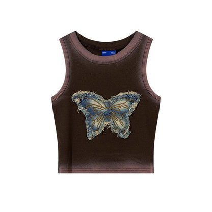 qgtao 2000s fashion Tkpa American Hot Girl Style U-Neck Camisole Women's Summer Butterfly Patch Embroidered Retro Vest
