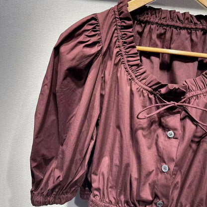 2025 n women's clothing SE fuchsia bubble sleeves poplin pure cotton short-sleeved lace-up top ultra-short waist shirt summer