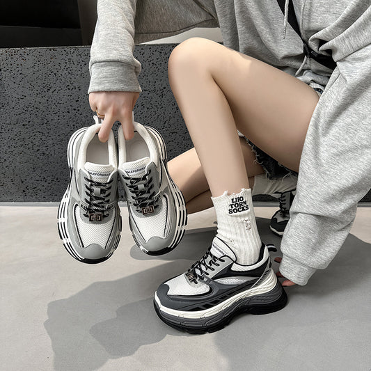 2025 Dad shoes women's popular spring and autumn new leather heightened thick-soled mesh breathable couple casual sports shoes women's trendy shoes
