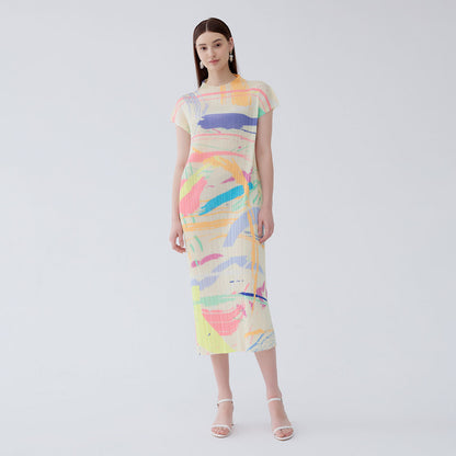 Miyake summer new semi-turtleneck temperament versatile pleated slim short-sleeved medium and long skirt printed dress women