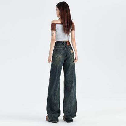 2025 Cement gray jeans women's autumn popular new high waist thin ripped straight narrow version mopping small pants