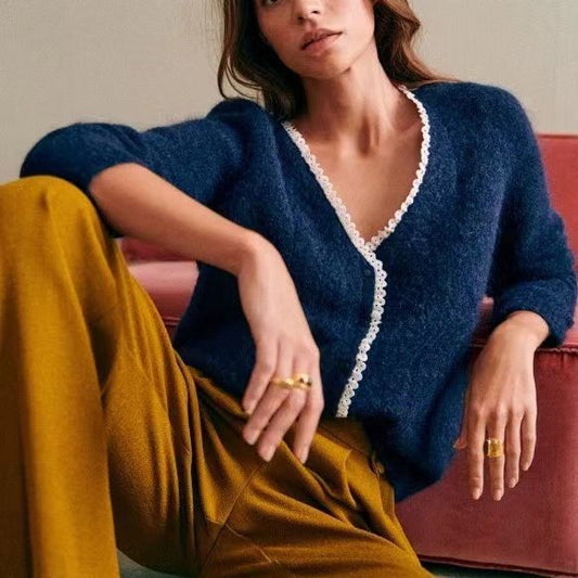 2025 new retro lace V-neck mohair blend long-sleeved knitted cardigan jacket lazy wind sweater jacket