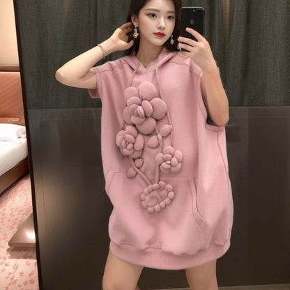 Three-dimensional cloud flower design sense loose hooded sweater thickened women's tide medium and long sports casual sleeveless top