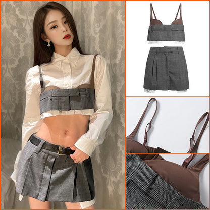 White long-sleeved shirt women's spring clothing  new super short Spice Girl suspender outside pleated skirt three-piece set