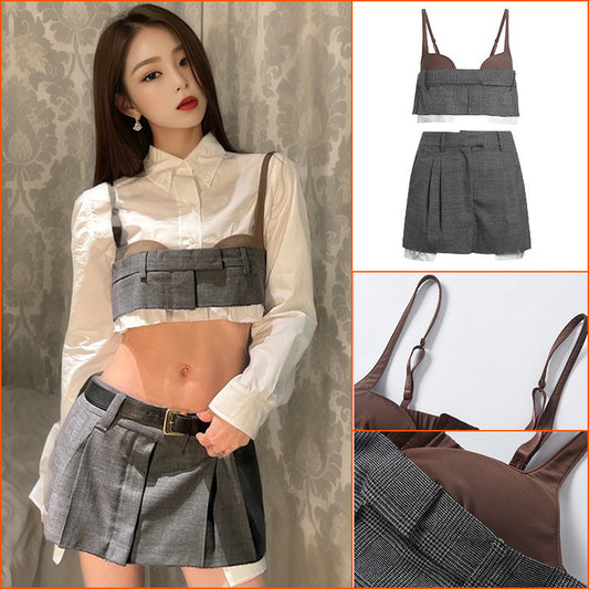 White long-sleeved shirt women's spring clothing  new super short Spice Girl suspender outside pleated skirt three-piece set