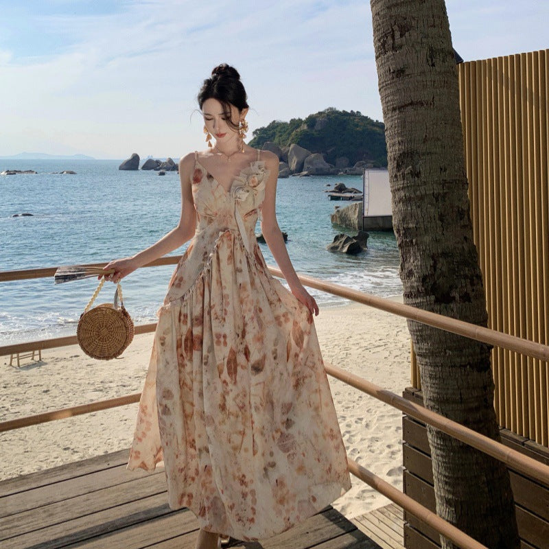 2025 Handmade three-dimensional flower tie-dye chiffon suspender dress summer  retro waist pendulum vacation photo dress