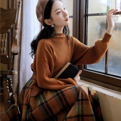 qgtao skater boy outfits Half Turtleneck Brown Lantern Long Sleeve Sweater + Plaid Woolen Skirt Suit Retro Two-Piece Set