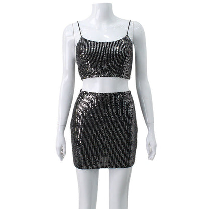 qgtao dti outfits Women's Super Shiny Sequined Tube Top Strap Hot Girl Suit Skirt Navel Sexy Two-Piece Suit