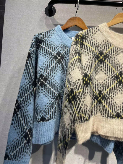 2025 GA Nordic women's clothing manufacturer autumn and winter women's sweater plaid profile round neck wool blended knitted pullover sweater women