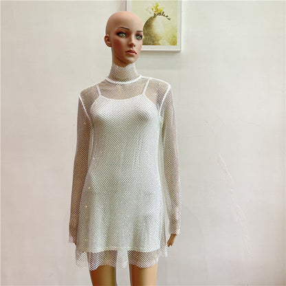 qgtao avant garde dress to impress Sexy Turtleneck Hot Drilling AB Color Diamond Shiny Perspective Grid Dress New Party Dress