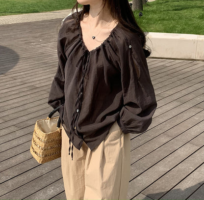 2025 2025 thin sunscreen shirt Korean temperament loose sweet strap design top 23060