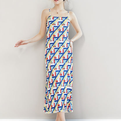 Internet celebrity hot sale suspender skirt women's summer cool breathable printing temperament elegant split fork holiday style dress