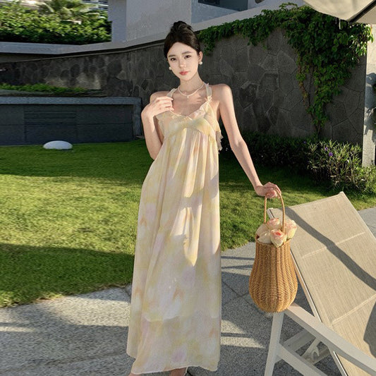 2025 New  smudge holiday style neck dress niche design temperament backless neck dress women's summer