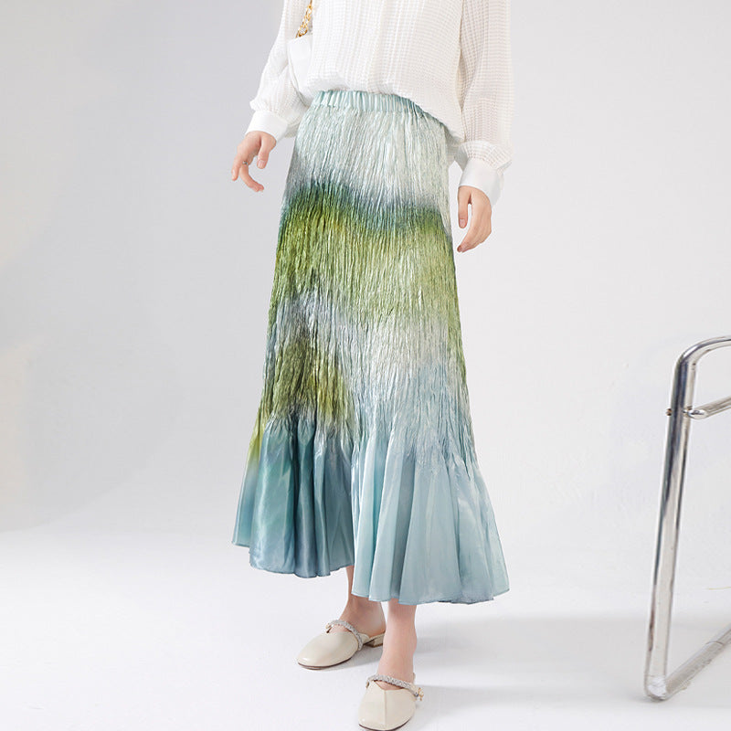 Folded skirt women's summer new spot wholesale high waist three house gradual change fishtail skirt swing long pleated skirt