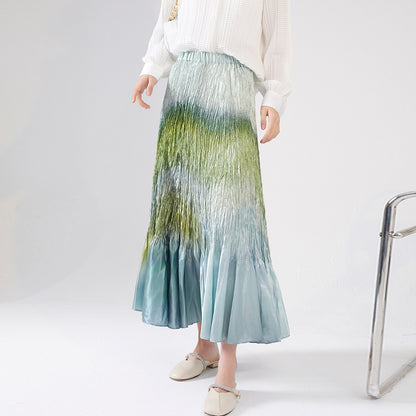 Folded skirt women's summer new spot wholesale high waist three house gradual change fishtail skirt swing long pleated skirt