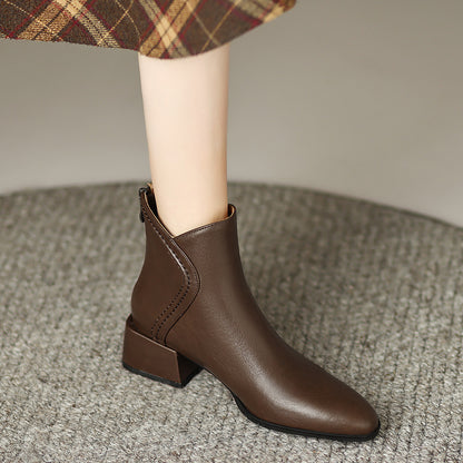 2025  Retro brown pointed thick heel short boots women's popular new spring and autumn single boots British style medium heel Chelsea boots