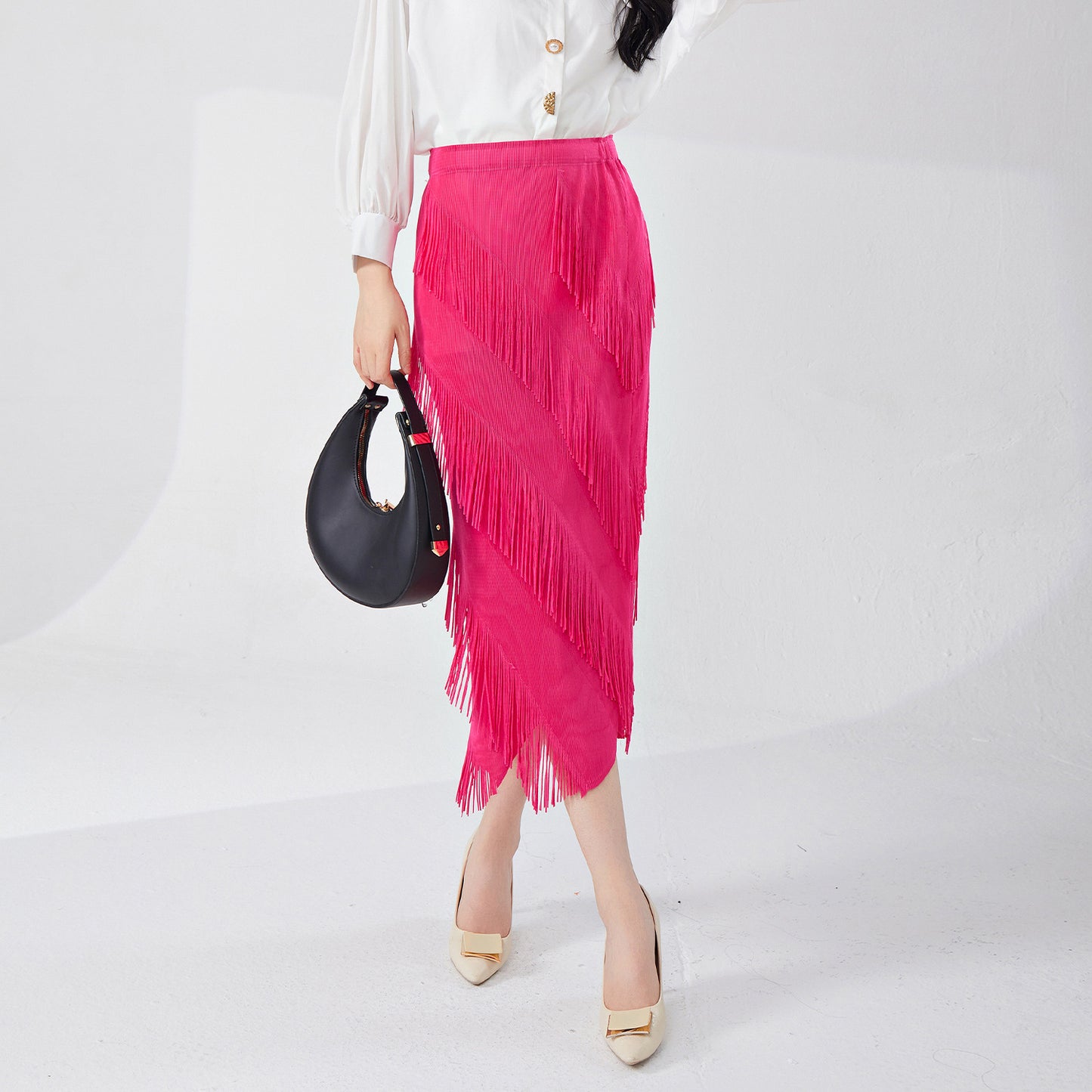fringed skirt spring and summer high sense irregular medium and long temperament versatile straight hip skirt Popular style