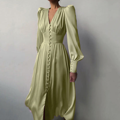 qgtao pop culture dress to impress 2024 Autumn and Winter Women's Long Dress V-neck Satin Court Waist-Tight Retro Dress Women