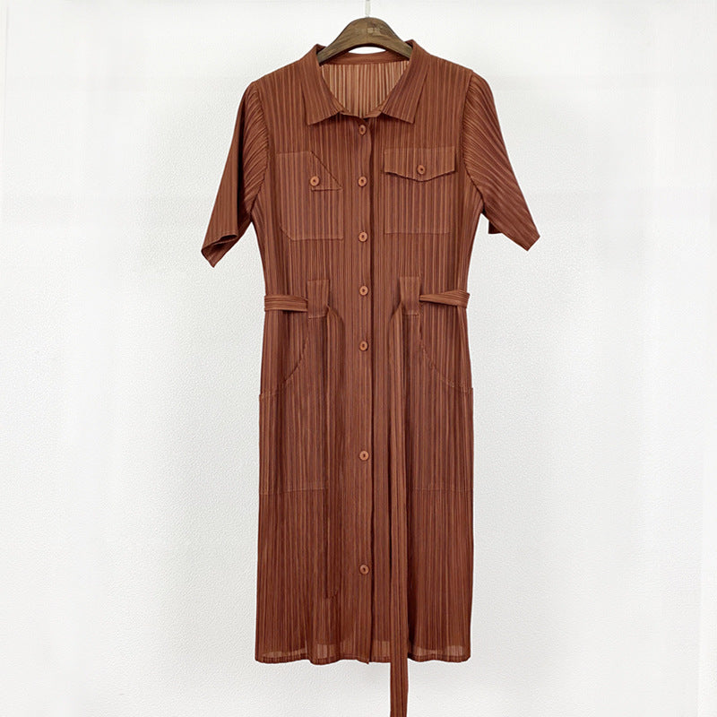 Large size dress 2025 spring new clothing slim high waist solid color pleated lapel medium and long wholesale women's clothing