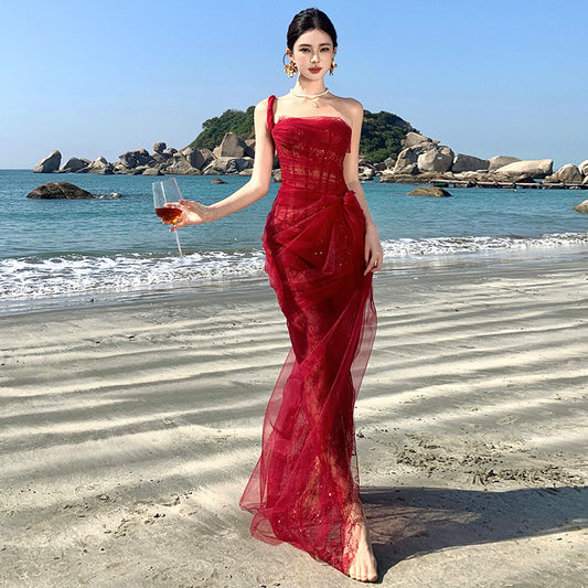 2025 Christmas rose vibe retro red temperament sexy tube top suspender mesh dress annual meeting robe long skirt