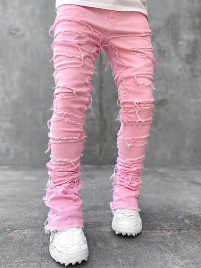 2025 Cross-border new men's denim straight pants, 2025 street fashion ins popular elastic sticker denim straight pants