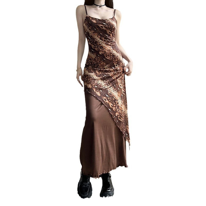 qgtao cybergoth dress to impress   Brown Quicksand Print Irregular Stitching Mesh Suspender Skirt Elegant White Niche Design Dress