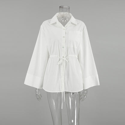 2025 Popularan, n spring and summer fashion simple design sense white cotton and linen loose lapel tie niche versatile women's shirt