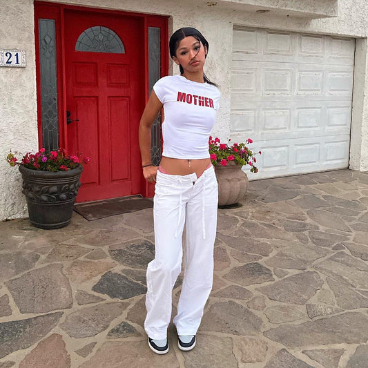 qgtao  Letter Print Hollowed Backless Top Tight Short Sleeve Navel Half Turtleneck Hot Girl Sexy Women's T-shirt