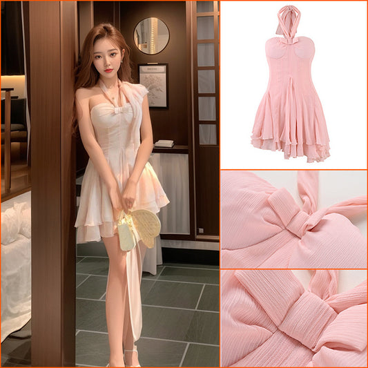 Pink neck-hanging ruffle leaf edge short skirt women's summer new sweet temperament waist thin dress L4095