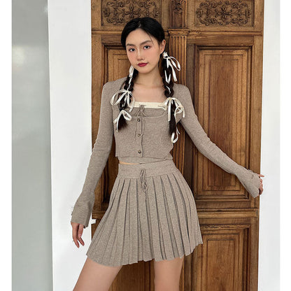 qgtao fall outfits women Spring 2024 New Pure Desire Style Hand-Knitted Rope Knitted Cardigan Sling Pleated Skirt Three-Piece Set Dress