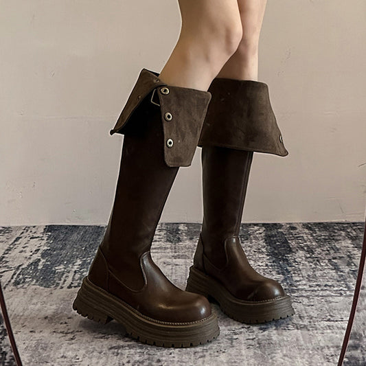 2025  Black retro British style thick heel platform boots women's popular autumn and winter new boots tall and thin knight boots