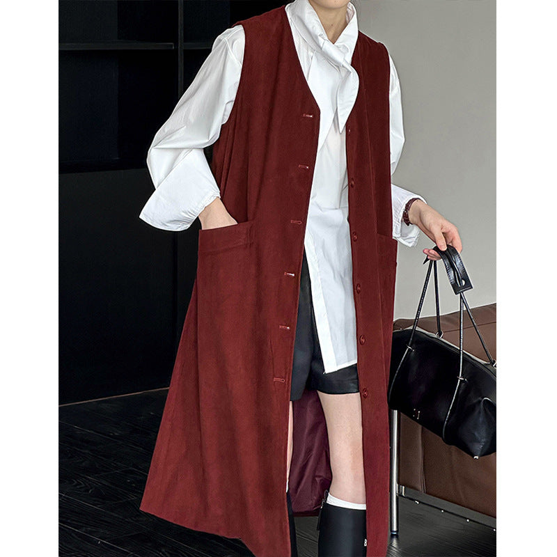 2025 popular autumn new coat Korean solid color Ankra red big pocket breasted medium and long vest 8603