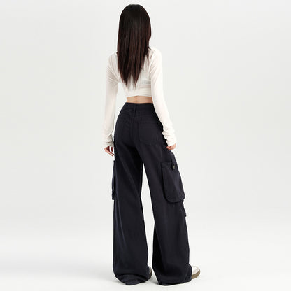 2025 A piece of wholesale hair delivery, n Ankola red dyed overalls, autumn Hong Kong style, high waist, multiple pockets, loose wide legs.