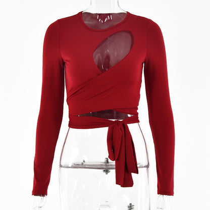 2025  style ins hot-selling women's clothing summer new sexy open-button top, light hollow chest wrapping strap crew neck T-shirt