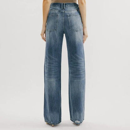 2025 2025 ins retro Hong Kong style high-waisted jeans women's wide legs, holes, color repair, display floor pants tide