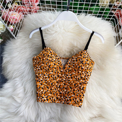 qgtao outfit inspo Small Floral V-neck Short Sexy Tube Top off-the-Shoulder Slim Inner Strap Sleeveless Wrapped Chest Vest Outer Top for Women