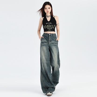 2025 Nostalgic straight jeans women's spring and autumn popular new high waist retro loose spice girl small wide-leg pants