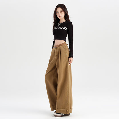 2025 straight dyeing popular autumn new angora red curled jeans women's high waist and thin wide-leg denim