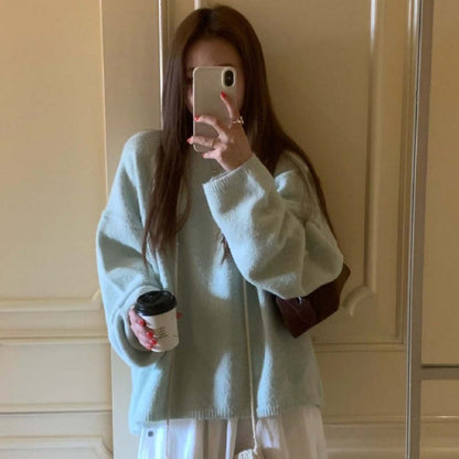 qgtao  New Autumn and Winter Loose Skin-Friendly Solid Color round Neck Knitted Lazy Outer Wear Pullover Thickened Soft Glutinous Sweater for Women