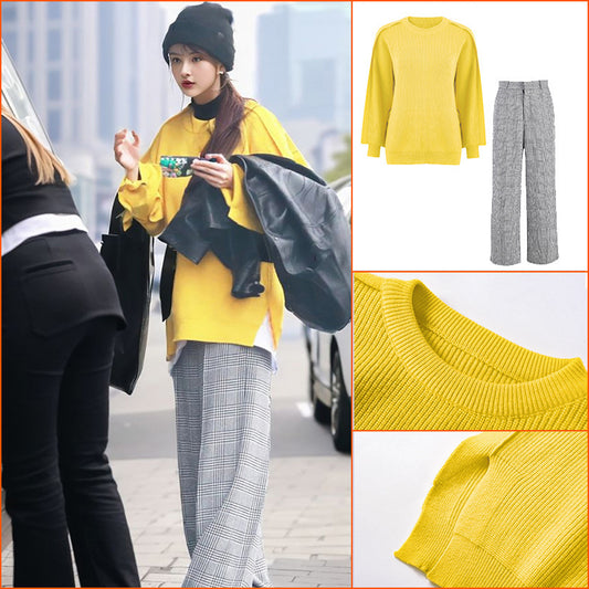 casual style autumn suit soft waxy candy-colored sweater versatile fashion new wide-leg pants two-piece set for women