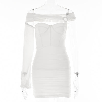 2025  New women's clothing sexy single rotator sleeve tight dress fashionable new backless tube top waist short skirt autumn