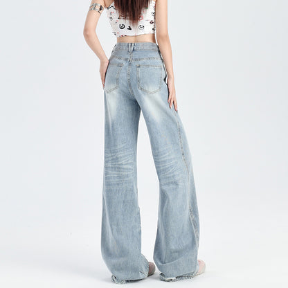 2025 Ripped Lazy Wind Jeans Women's Spring and Autumn popular New Skinny High Waist Small Straight Mopping Wide Leg Pants
